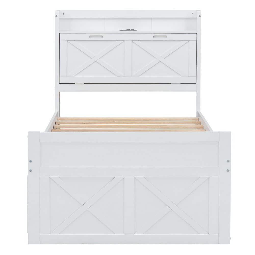 White Wood Frame Full Size Platform Bed with Storage Headboard, Outlets, Twin Size Trundle and 3 Storage Drawers - thumbnail 8