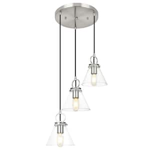 Jasslynn 40-Watt 3-Light Brushed Nickel Industrial Pendant Light with Cone Clear Glass Shade for Kitchen Island Foyer