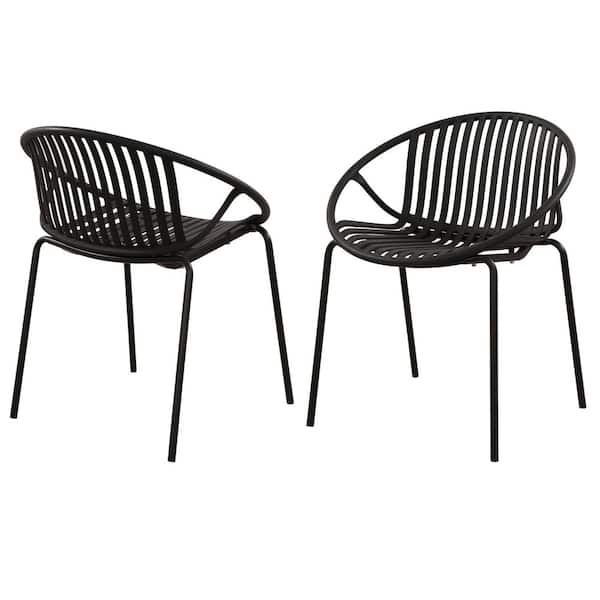 Patio Outdoor Dining Chairs Metal Legs and Plastic Backrest in Black Set of 2