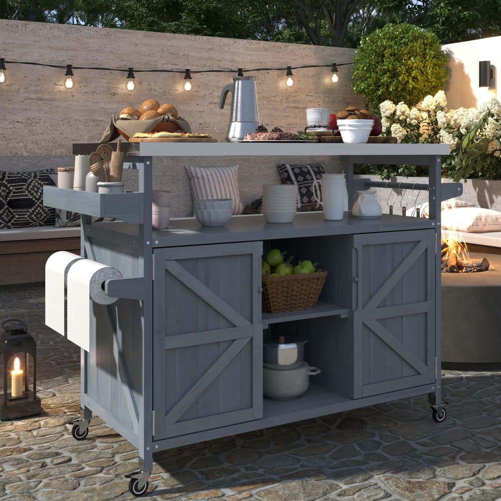 Outdoor Patio Wood Bar, Kitchen Island, Rolling Bar Cart Farmhouse Grill Ta