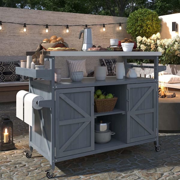 Unbranded Outdoor Patio Wood Bar, Kitchen Island, Rolling Bar Cart Farmhouse Grill Table with Top, Spice Rack, Towel Rack, Blue
