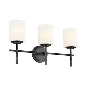Ali 23.25 in. 3-Light Black Traditional Bathroom Vanity Light with Satin Etched Case Opal Glass Shades