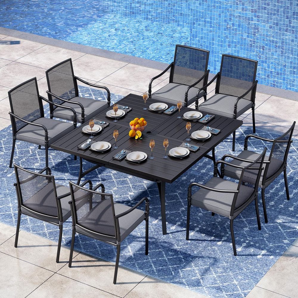 PHI VILLA 9-Piece Black Metal Outdoor Dining Set with Slat Extra