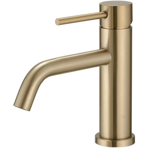 Single Handle Mid-Arc Bathroom Faucet with Deckplate and Pop-Up Drain in Brushed Gold