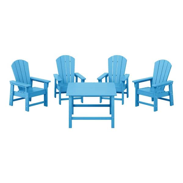 Children's Laguna Outdoor Patio All Weather Plastic 5-PC Kids Adirondack Square Picnic Table Dining Set in Pacific Blue