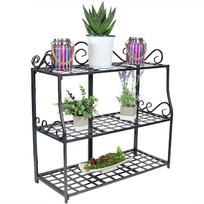 3-Tier Metal Iron Plant Stand with Scroll Edging