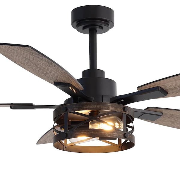 52 in. Indoor Black Layered Caged Downrod Ceiling Fan with Light Kit, Five Reversible Blades and Remote Included