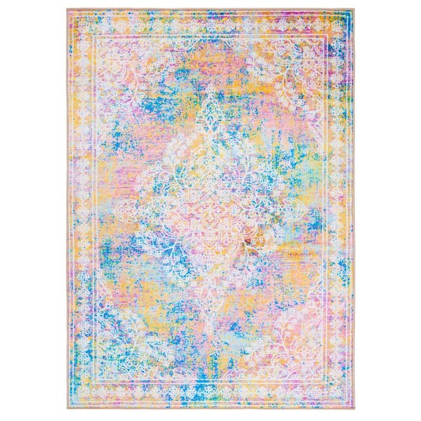 SAFAVIEH Bahia Ivory/Blue 5 ft. x 8 ft. Machine Washable Distressed Floral Area Rug