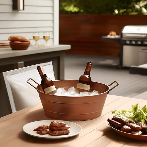 1.7 Gal. Copper Steel Oval Shape Hammered Texture Metal Tub with 2 Side Handles