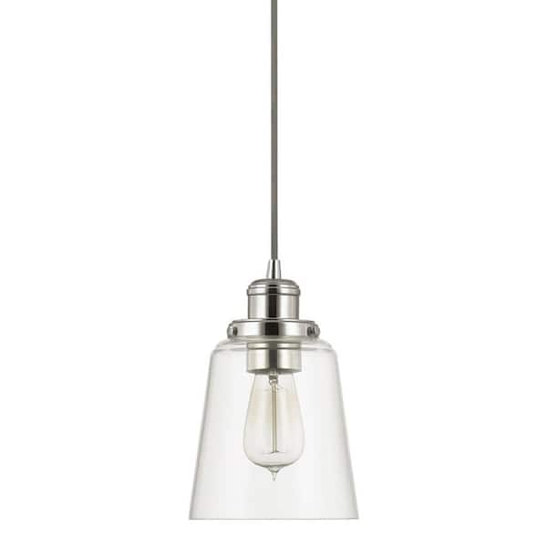 Home Decorators Collection Melton 1-Light Polished Nickel Pendant with Clear Glass Shade and Silver Cord