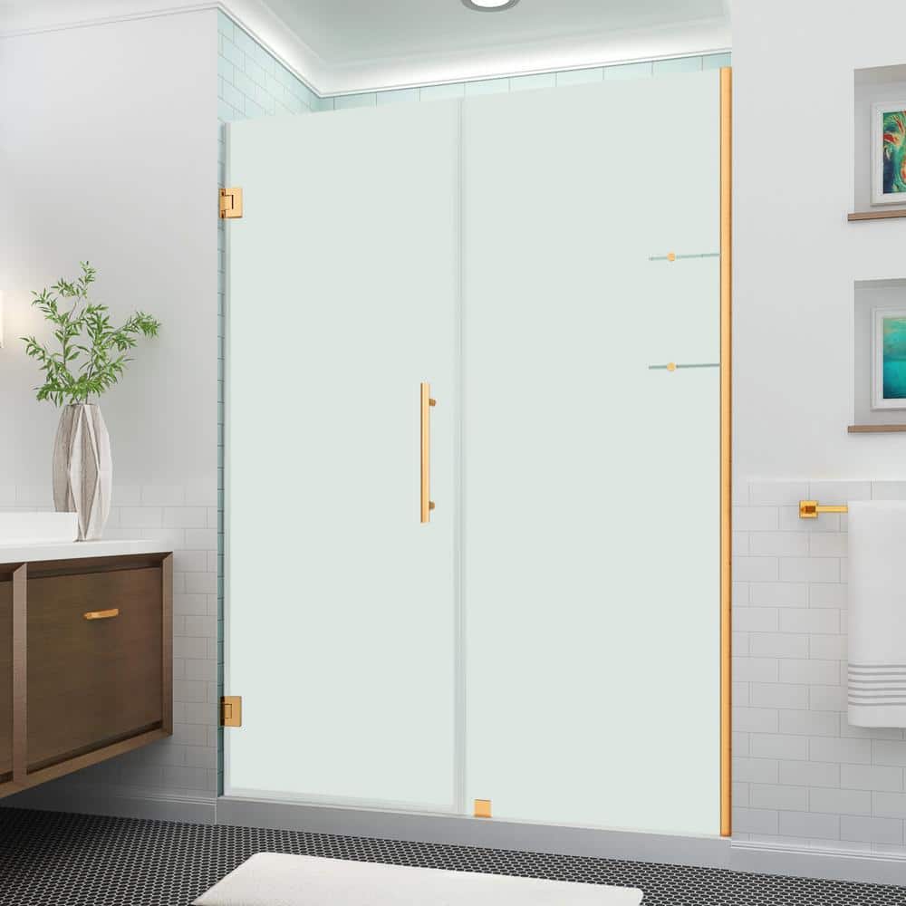 BelmoreGS 65.25 - 66.25 in. W x 72 in. H Frameless Hinged Shower Door, Frosted Glass and Glass Shelves in Brushed Gold price history on PriceWatchPro