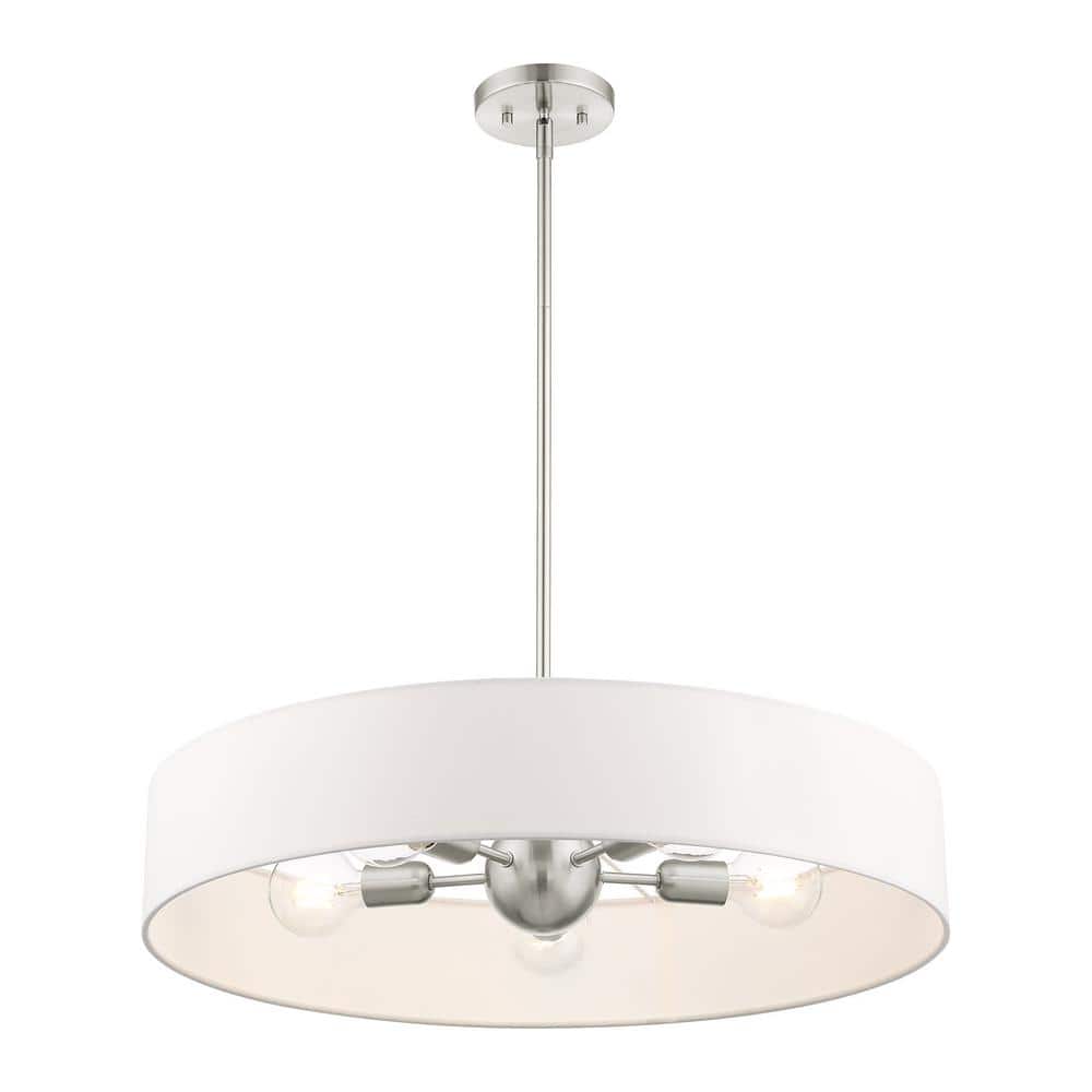 Elegant Brushed Nickel 5-Light Drum Pendant with Crystal Accents and Off-White Shade