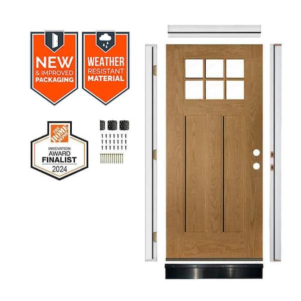 DIY 36in.x79in. Craftsman 6-Lite Clear Glass Left-Hand Bourbon Stain Fiberglass Front Door Kit w/ Quick Assemble Jamb