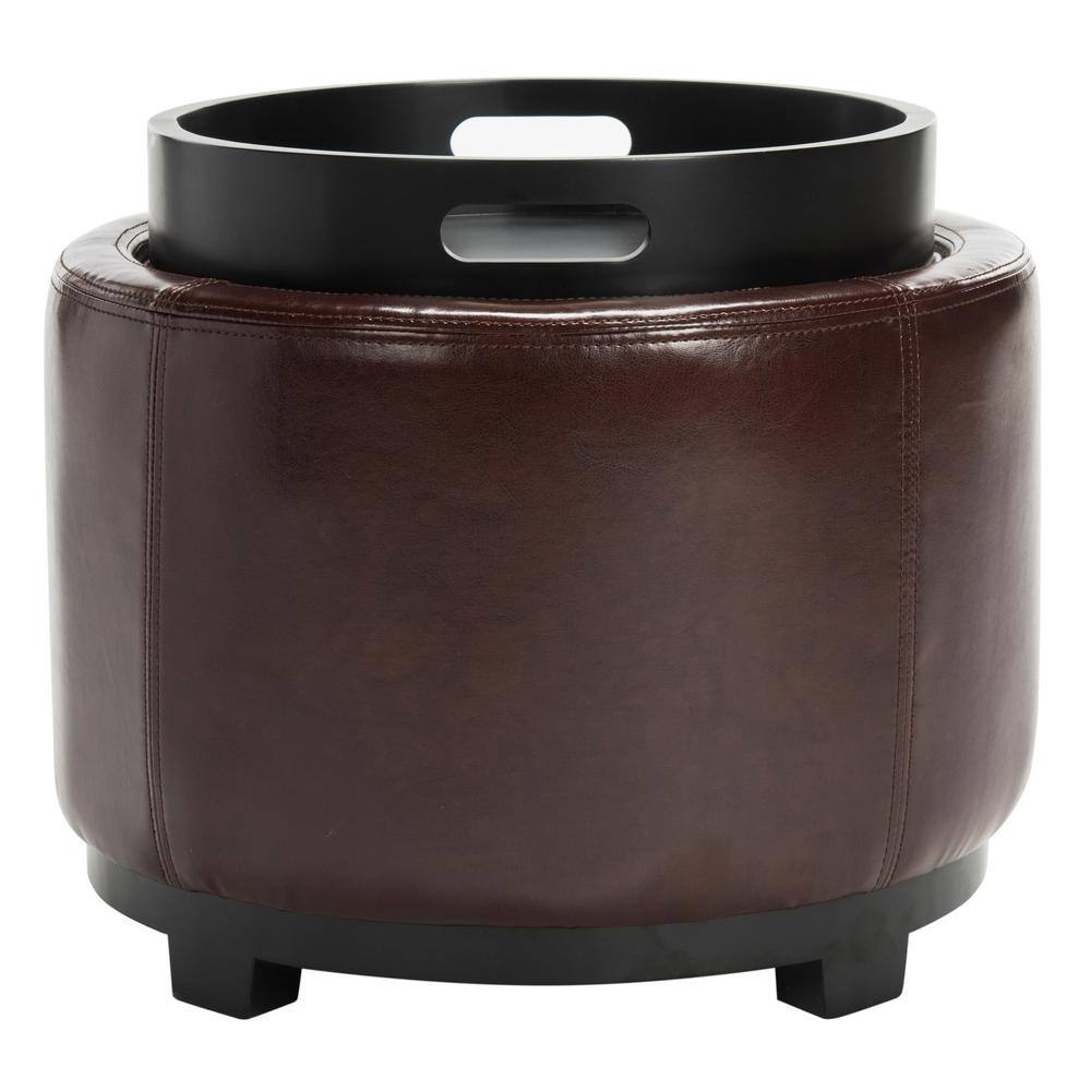 Transitional Cordovan Round Ottoman with Storage Tray
