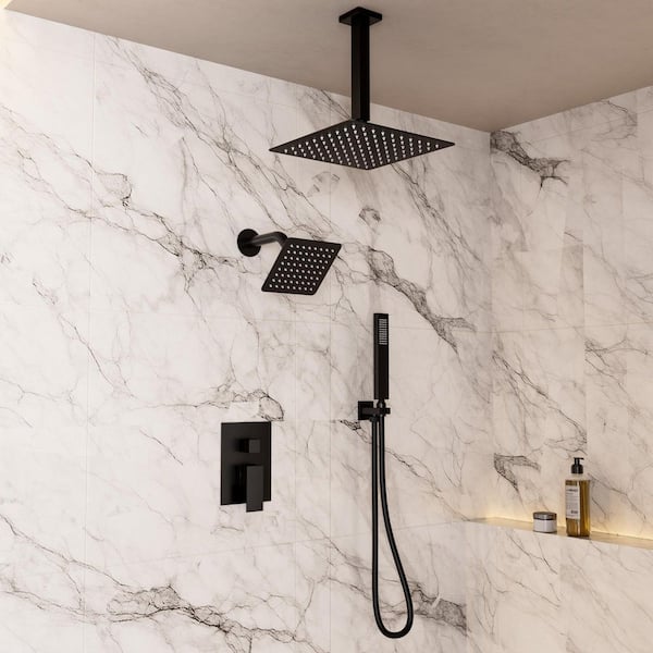 Crozet 1-Handle 3-Spray Ceiling Mount Dual Shower Head Handheld Shower Head 2.5 GPM in Matte Black (Valve Included)