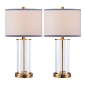 23 in. Clear Glass Antique Brass Table Lamp Set with Bulbs, Touch Control, Dual USB Ports and AC Outlet (Set of 2)