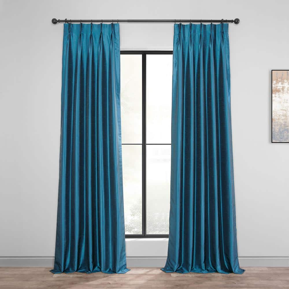 Exclusive Fabrics & Furnishings Oceanside Blue Vintage Textured Faux Dupioni Silk 25 in. W x 108 in. L Pinch Pleat Blackout Curtain (Single Panel)