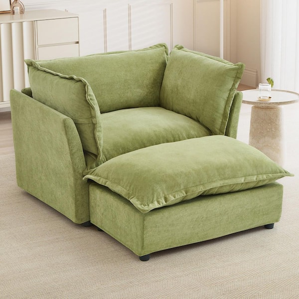 Green Chenille Arm Chair with Movable Ottoman, Wide Seat, Curved Armrests and Soft Pillows