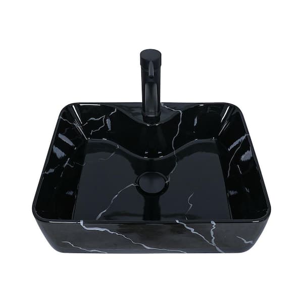 Puluomis Elegant Black and White Hand-Painted Rectangular Ceramic Basin with Faucet Pop Up Drain Set