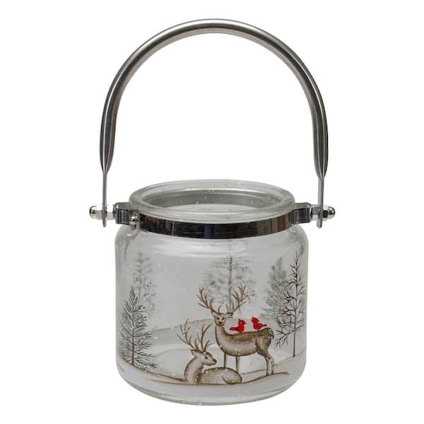 Northlight 4 in. Beige Hand-Painted Pine Trees and Deer Flameless Glass Christmas Candle Holder