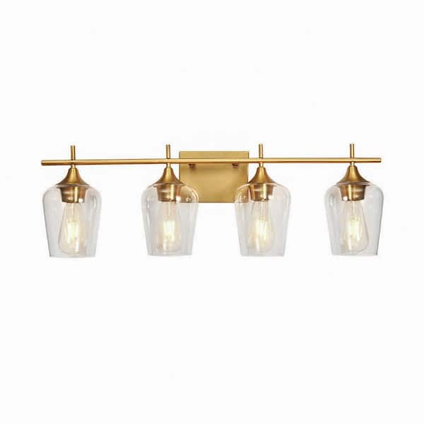 RRTYO Fritts 28.7 in. 4-Light Gold Modern Vanity Light with Clear Glass Shade