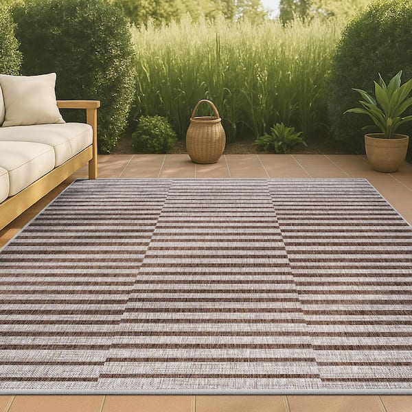 Sukie Modern Offset Stripe Beige/Brown 5 ft. x 8 ft. Indoor/Outdoor Area Rug
