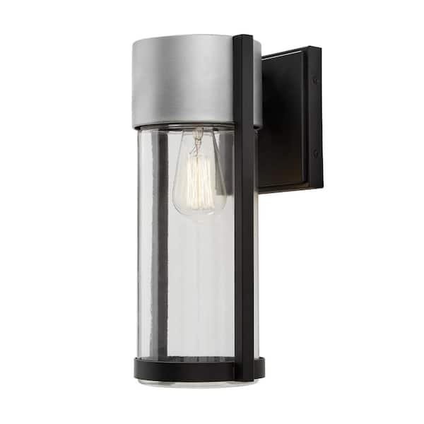 Hampton Bay Kempster 14 in. Modern 1-Light Brushed Nickel and Black Modern Outdoor Wall Cylinder Light with Clear Glass