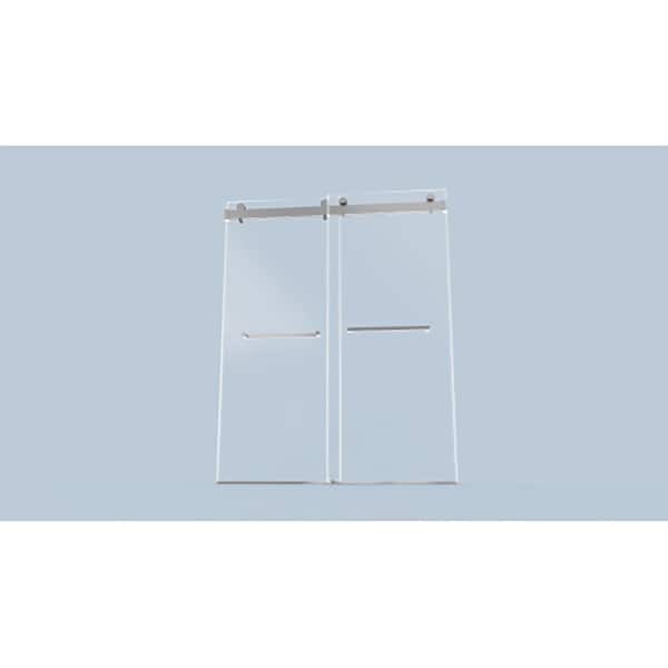 60 in. W x 76 in. H Sliding Semi Frameless Shower Door in Brushed Nickel with 10 mm Clear Tempered Glass and Towel Bar