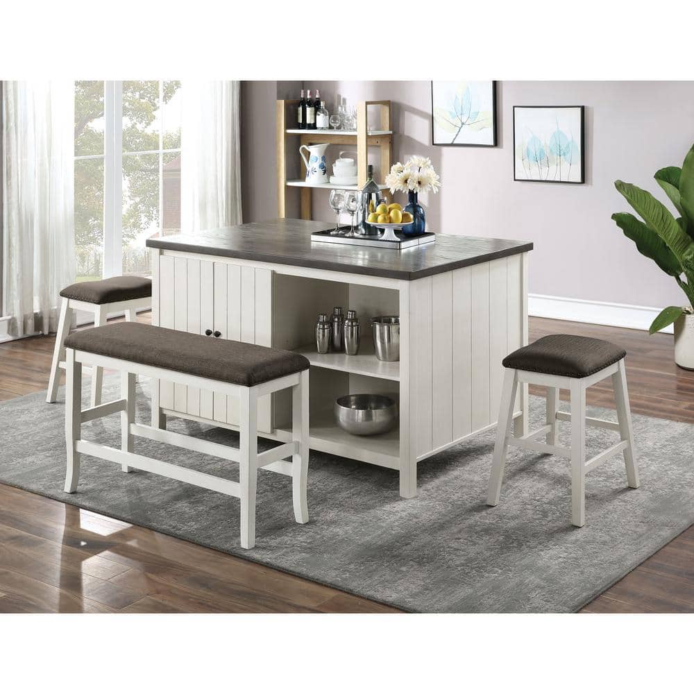 Off-White and Brown Fabric Counter Height Bench with Footrest