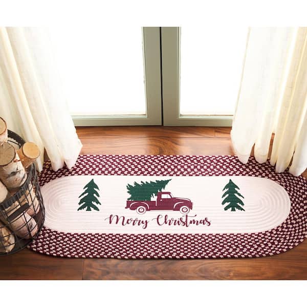 Braided Posters Ivory/Burgundy Red 2 ft. x 3 ft. Machine Washable Merry Christmas Trees Oval Area Rug