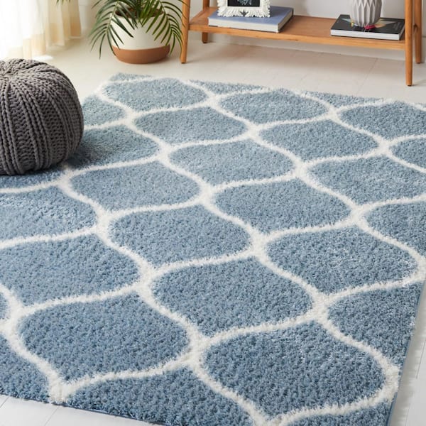 Tahoe Shag 5 ft. x 7 ft. Blue/White Trellis Modern Area Rug