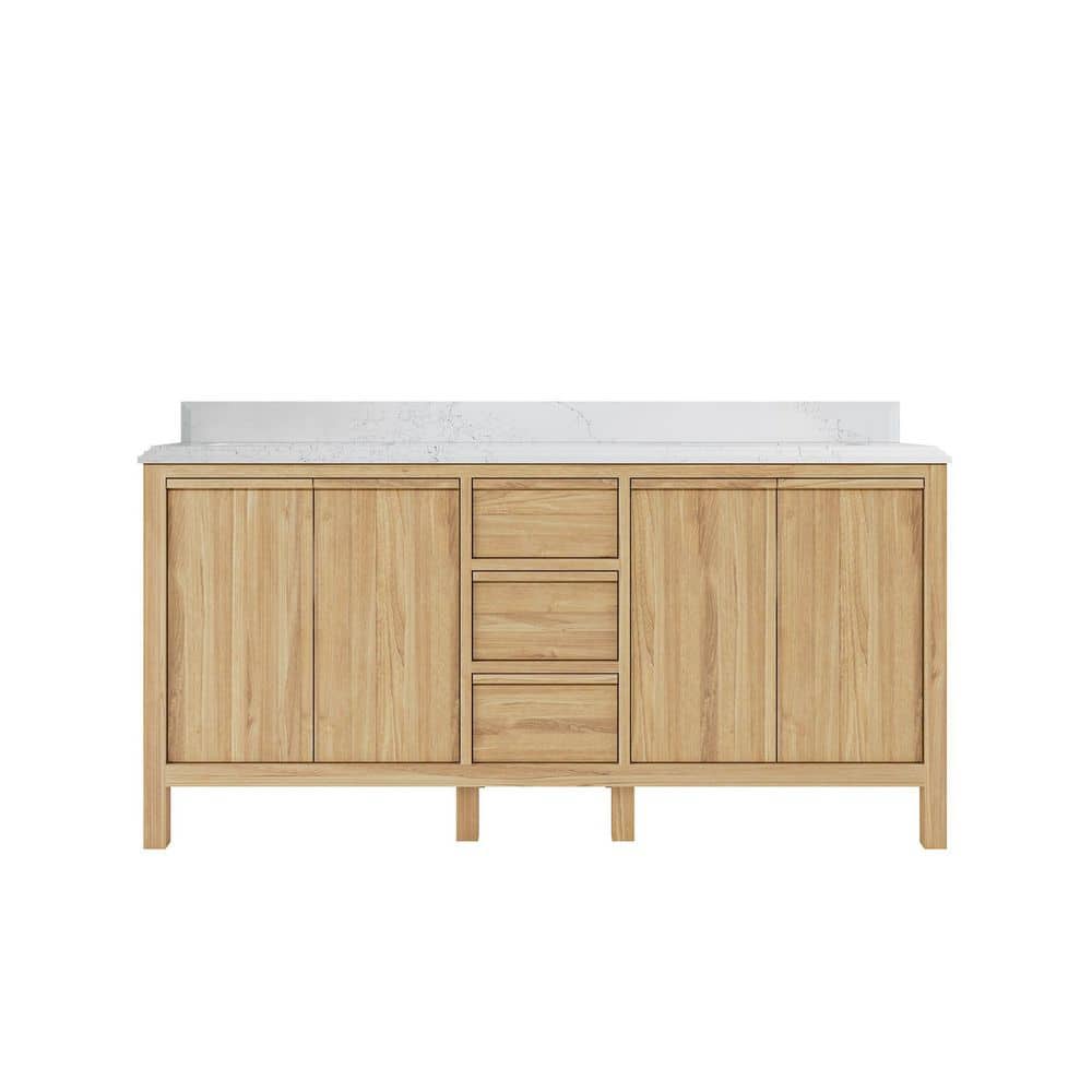 72'' Light Natural Teak Double Sink Bathroom Vanity with Quartz Top