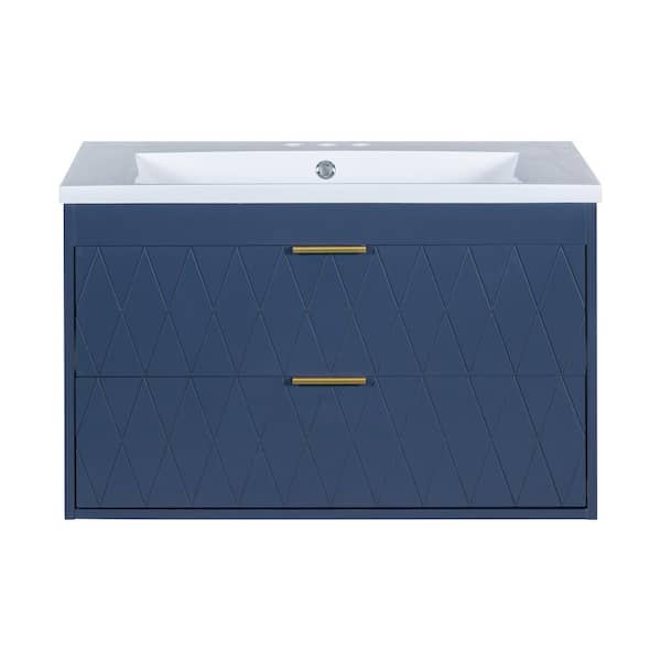 Unbranded 30 in. W x 18 in. D x 19 in. H Floating Bath Vanity in Navy Blue with White Cultured Marble Top