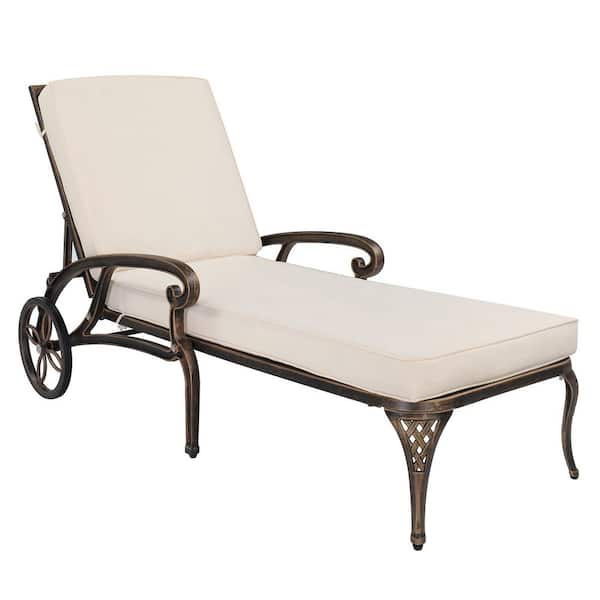 VINGLI Bronze Cast Aluminum Metal Outdoor Chaise Lounge with Beige Cushions, Wheels, 3-Position Adjustable Backrest for Patio