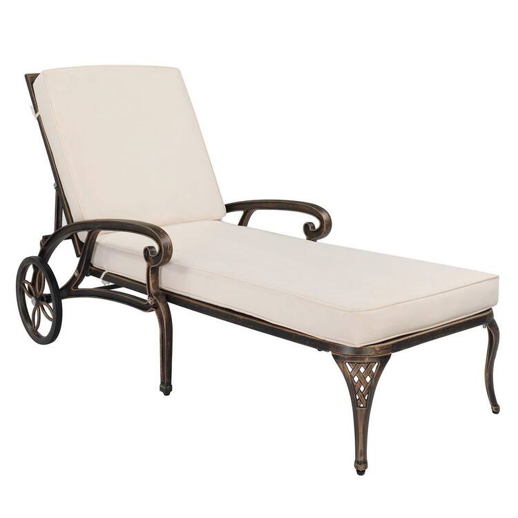 VINGLI Bronze Cast Aluminum Metal Outdoor Chaise Lounge with Beige Cushions, Wheels, 3-Position Adjustable Backrest for Patio