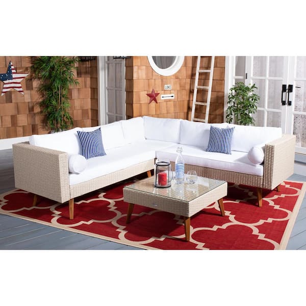 Analon Beige 3-Piece Wicker Patio Conversation Set with White Cushions