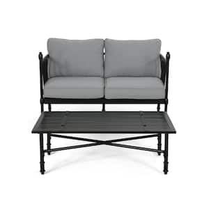 2-Piece Black Patio Metal Outdoor Loveseat with Grey Cushion and Coffee Table for Backyard, Poolside and Garden