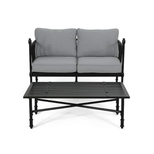 Zeus & Ruta 2-Piece Black Patio Metal Outdoor Loveseat with Grey Cushion and Coffee Table for Backyard, Poolside and Garden