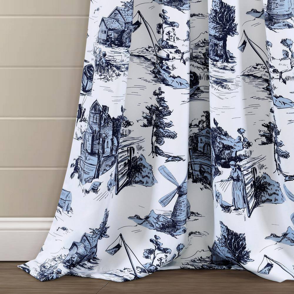 French Country Toile Blue and White Blackout Curtain Panels