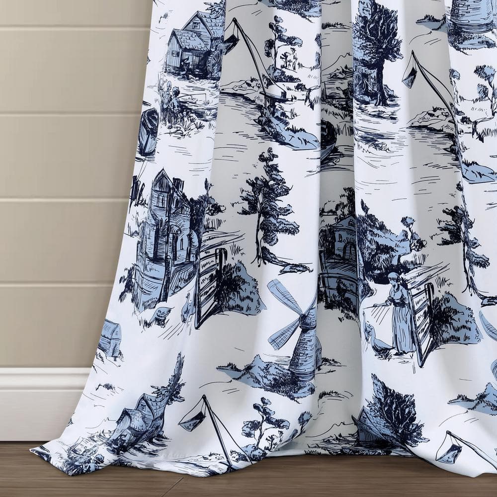 White and Blue Polyester Room Darkening Rod Pocket Curtain Panels
