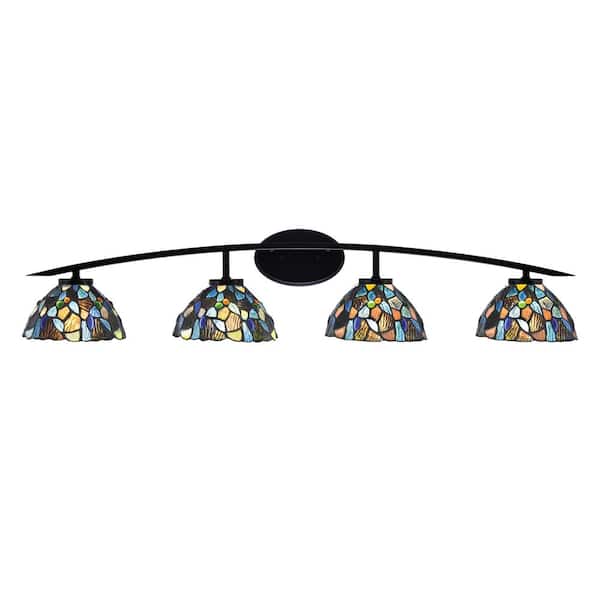 Unbranded Siena 40 in. 4-Light Matte Black Vanity-Light with 7 in. Blue Mosaic Art Glass Shades No Bulbs Included