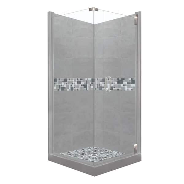 American Bath Factory Newport Grand Hinged 38 in. x 38 in. x 80 in. Right-Hand Corner Shower Kit in Wet Cement and Chrome Hardware
