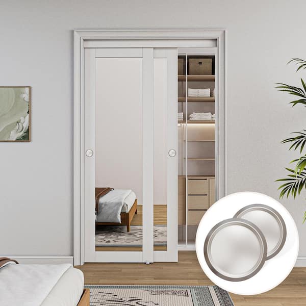 48 in. x 80 in. 1 Lite Mirror Glass White Finished MDF Interior Closet Sliding Door with Hardware and Handles