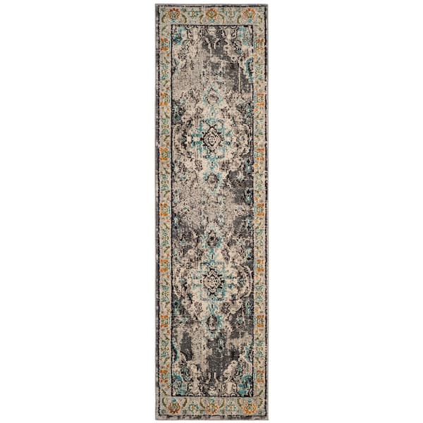 Monaco 2 ft. x 14 ft. Gray/Light Blue  Border Runner Rug