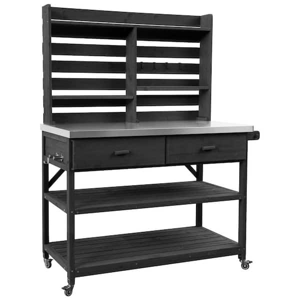 64.9 in. Black Solid Wood Outdoor Potting Bench Table with Lockable Wheels and Stainless Steel Top Towel Rack