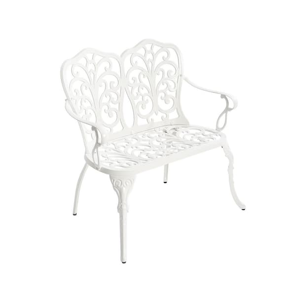HOMEFUN 2-Person Outdoor Butterfly White Cast Aluminum Patio Garden Bench