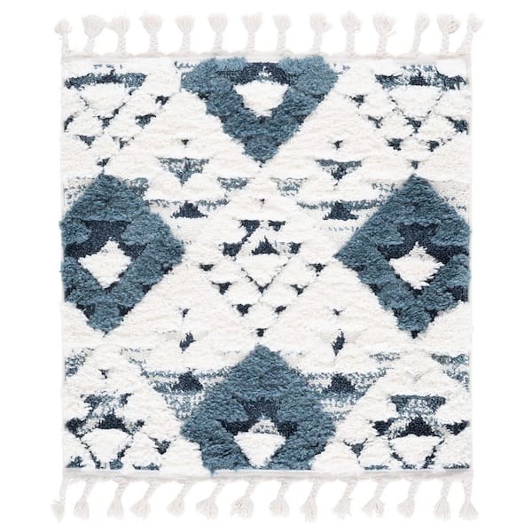 Moroccan Tassel Shag 3 ft. x 3 ft. Square Blue/Ivory High-Low Geometric Fringe Area Rug
