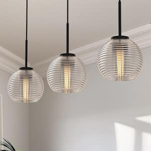 28 in. 3-Light Black Pendant Light with Glass Shade, Farmhouse Ceiling Lamp for Kitchen Island, Dining Room