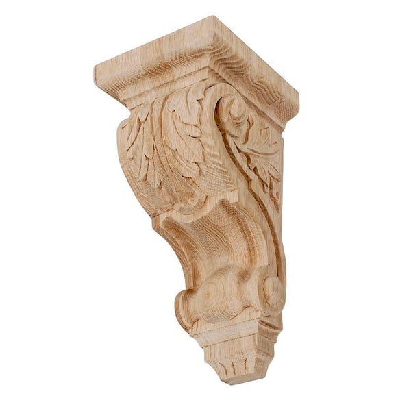 American Pro Decor 10 in. x 4-3/4 in. x 5-3/8 in. Unfinished Small Hand Carved North American Solid Red Oak Acanthus Leaf Wood Corbel