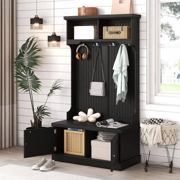 Nestfair Black Freestanding Hall Tree with Storage Shoe Bench Cabinet and 4 Hooks